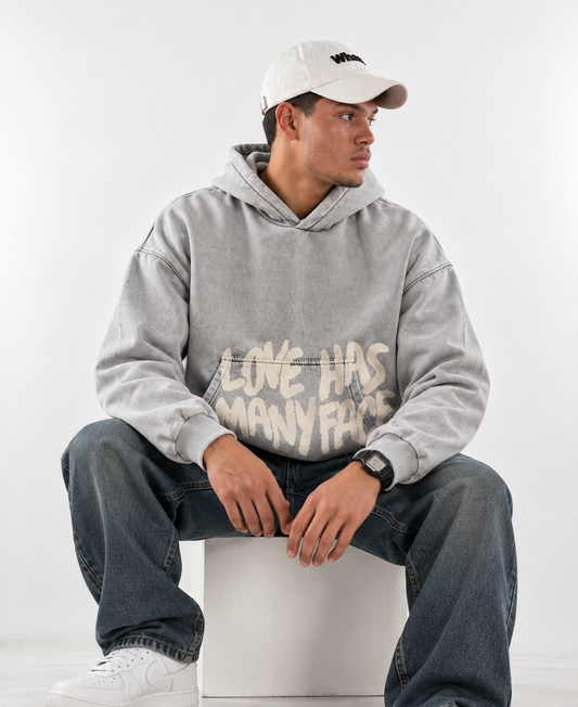 Love Has Many Faces - Light Gray Washed Oversized Hoodie