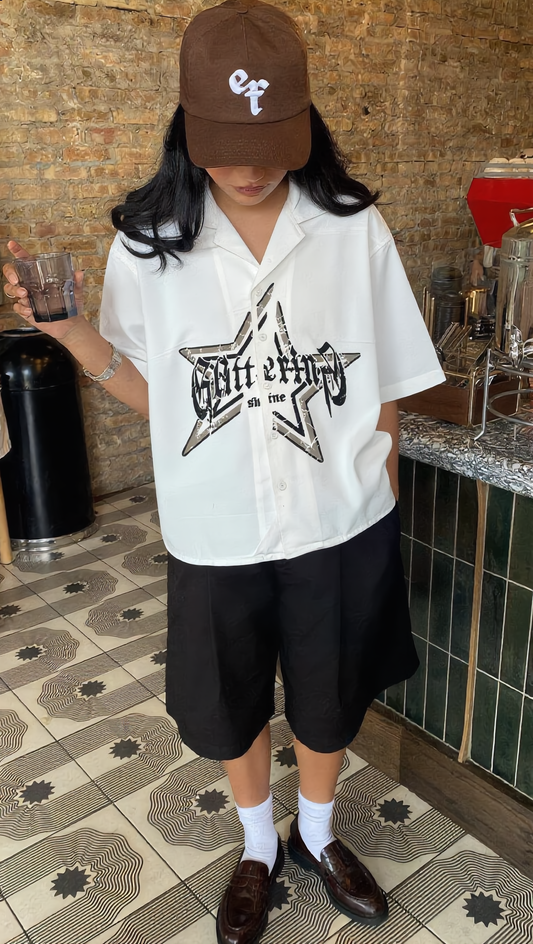 Glittering Star boxy Short Sleeve Shirt – White