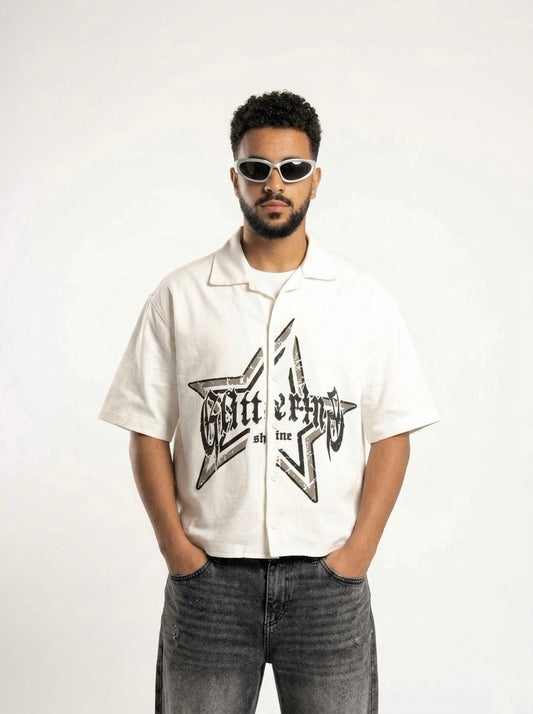 Glittering Star boxy Short Sleeve Shirt – White