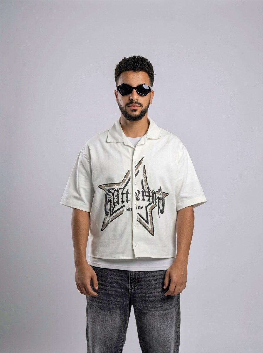 Glittering Star boxy Short Sleeve Shirt – White