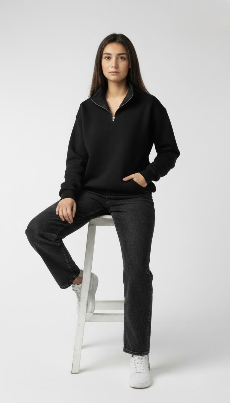Black quarter zipper oversized fit